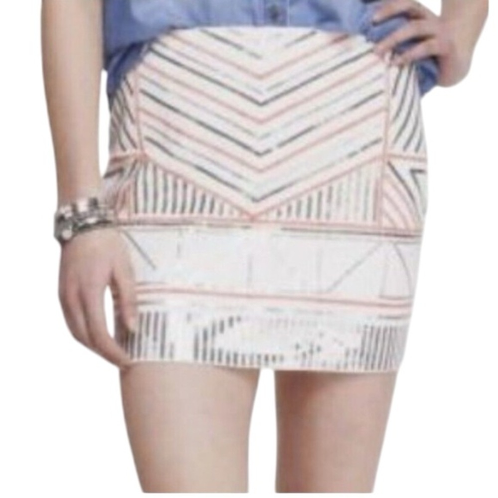 Express Pink White Silver Sequin Tribal Aztec Geometric ZigZag Mini Skirt 💕